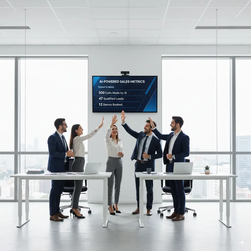 B2B sales team celebrating AI-driven results