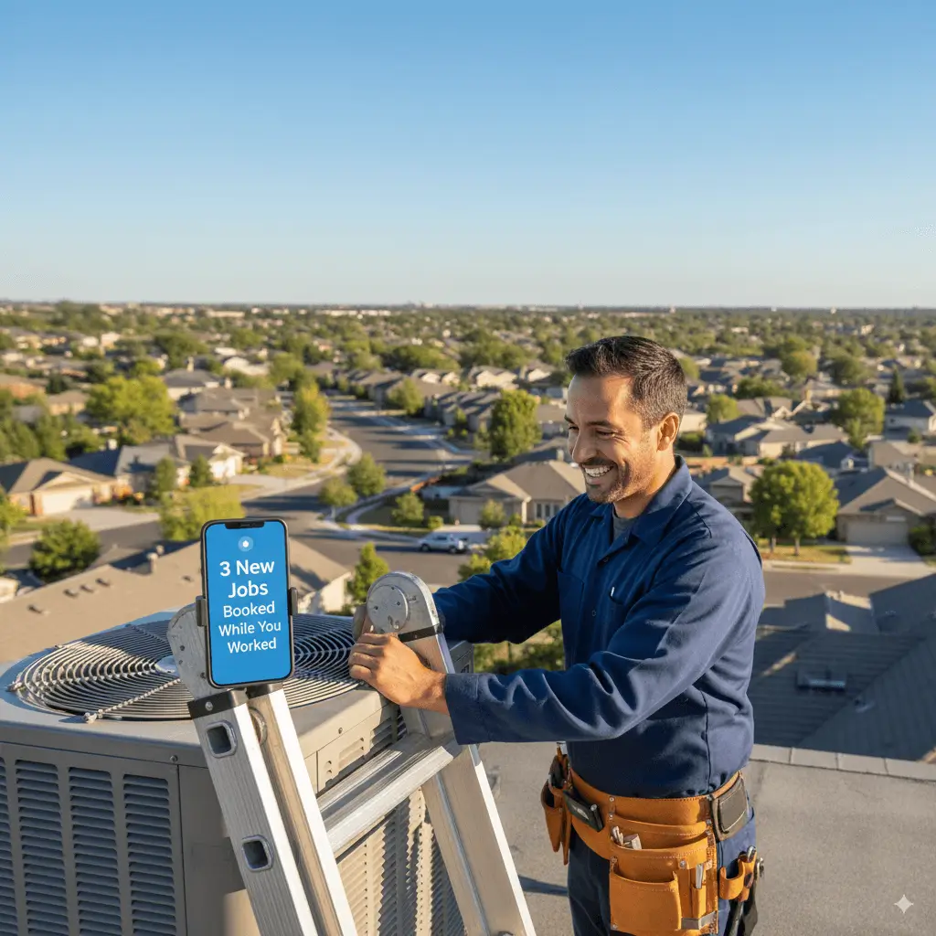 HVAC technician on roof getting AI booking notifications