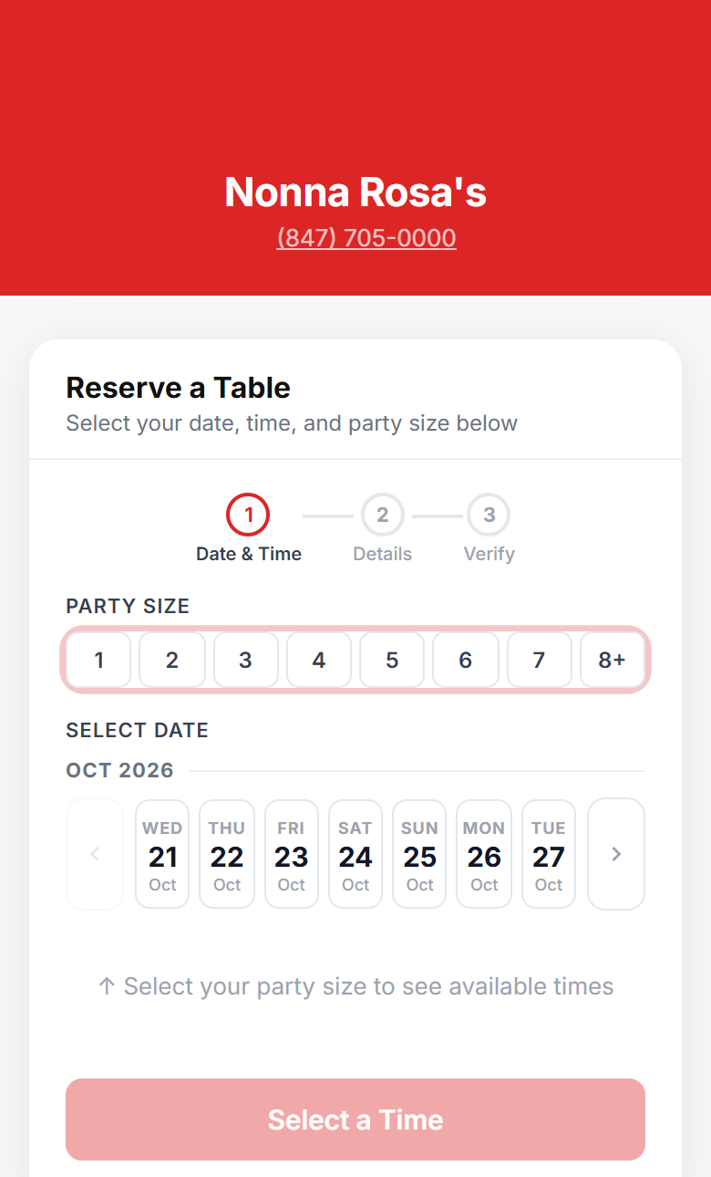 The free booking widget on a phone: pick a party size, a date and a time, or join the waitlist